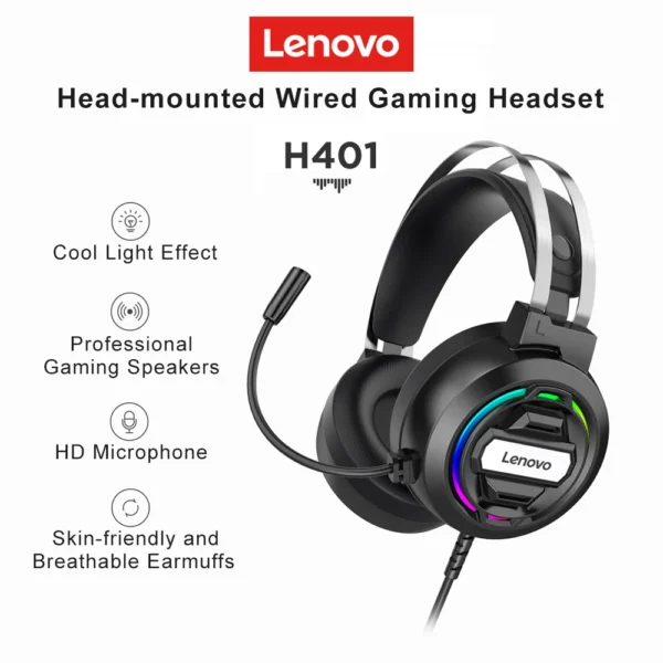 Lenovo H401 Gaming Headset Over-ear 3.5mm USB 7.1 Surround Sound Deep Bass Stereo Game Headphones with Mic for PC Laptops Gamer